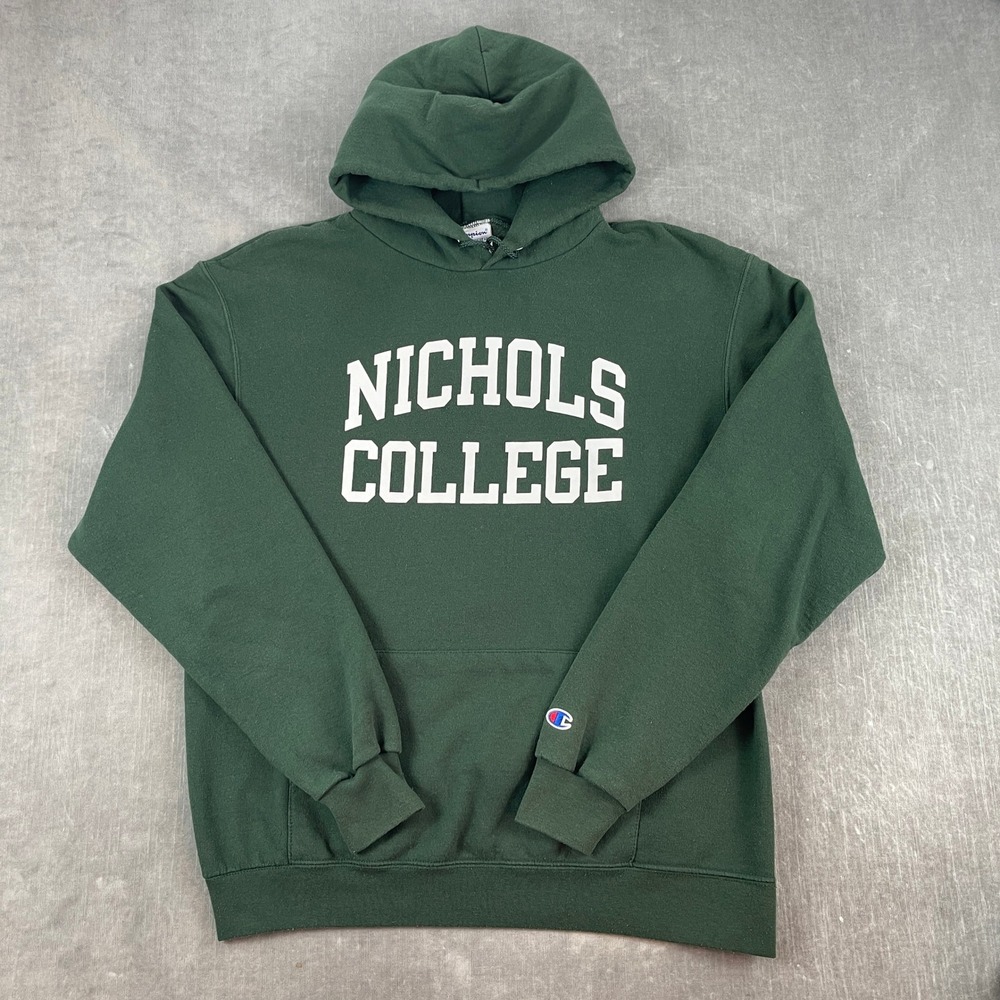 Nichols College Champion Mens L Green Hoodie Pullover Graphic Sweatshirt